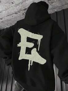 Men's Casual Pullover Hoodie,Back Letter E Graphic,Front My Generation Figure Print,Stylish Loose Fit Sweatshirt,Fall Hoodies,Men's Fall Clothes,Street Wear,Halloween,Mens Hoodies,Y2k Clothes,Jesus Hoodie,Thanksgiving Day,Nightmare Before Christmas,Christmas - 黑色 - 查看 1