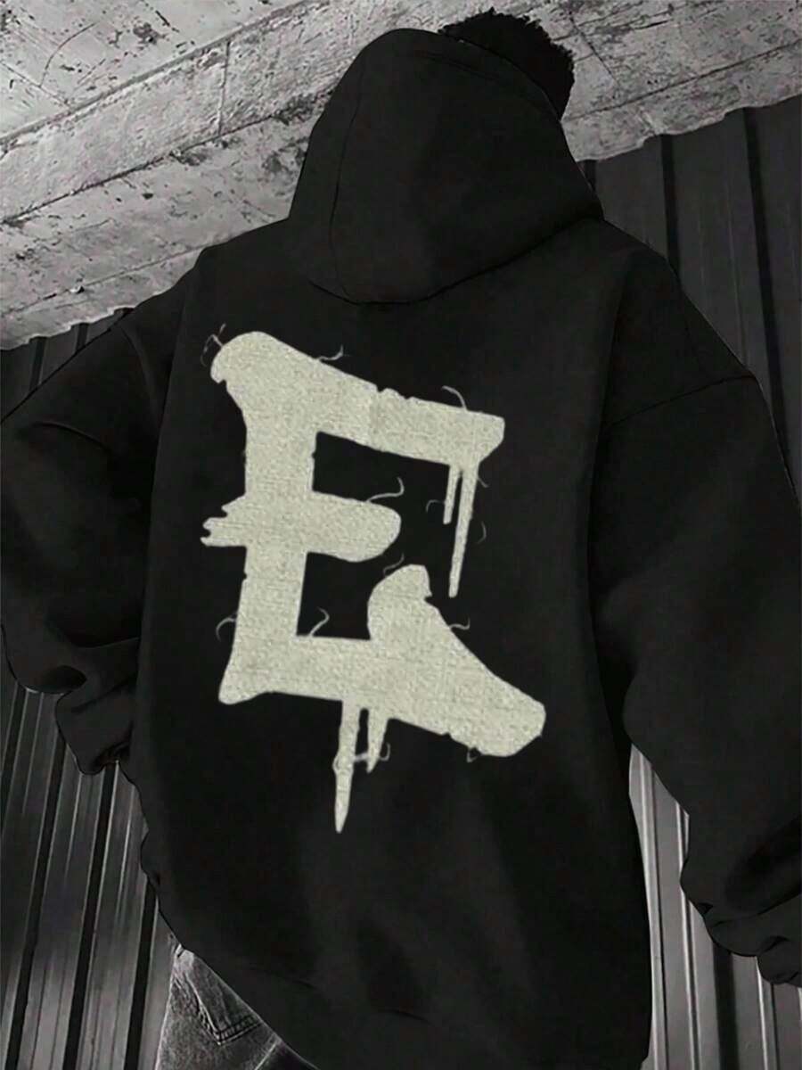 Men's Casual Pullover Hoodie,Back Letter E Graphic,Front My Generation Figure Print,Stylish Loose Fit Sweatshirt,Fall Hoodies,Men's Fall Clothes,Street Wear,Halloween,Mens Hoodies,Y2k Clothes,Jesus Hoodie,Thanksgiving Day,Nightmare Before Christmas,Christmas - 黑色 - 查看 1