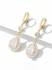 2 piezas de aretes de botón minimalistas y elegantes con micro-incrustación de circonita en forma de gota de agua, adecuados para cumpleaños de niñas, fiestas y reuniones - Unitalla - Ver 4