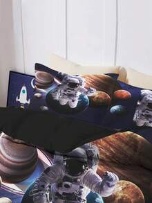 Juego de ropa de cama personalizado de 3 piezas (1 funda de edredón reversible + 2 fundas de almohada de una sola cara), con patrón de astronauta y espacio, funda de edredón personalizable con nombre, material de poliéster, lavable a máquina, adecuado para dormitorio de niños - Multicolor - Ver 4