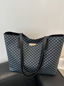 复古字母印花单肩手提包，大容量单肩包，通勤必备，母亲节礼物 - 黑色 - 查看 9