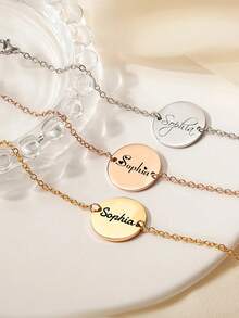 Customized Personalized Bracelet Engraved With Name And Stainless Steel Birth Gift Mom Bridesmaid Gift Classic Stainless Steel Round Coin Bracelet With Pendant Adjustable Women's Calligraphy Letters Handmade Bracelet Commemorate Date With Name Family Jewelry