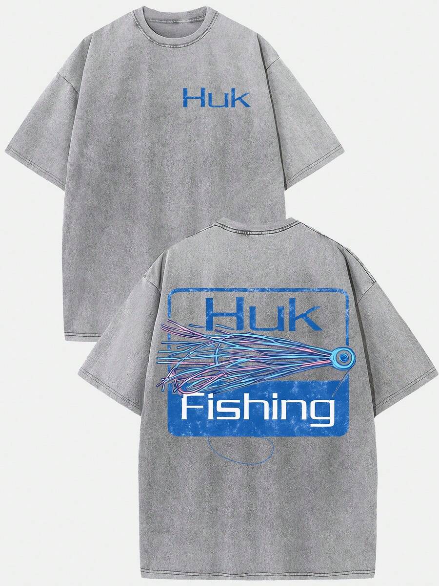 (230g T-Shirt)Men's Distressed Cotton Retro HUK Fishing Colorful Lure Graphic Tee, Loose Casual Crewneck Short Sleeve T-Shirt, Vintage Fishing Gear Style Top - Grey - View 1