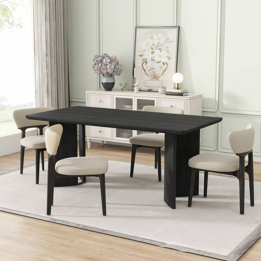 4 Pcs Wooden Dining Chairs Modern Fabric Upholstered Kitchen Side Chairs With Wood Legs For Dining Room Kitchen Restaurant, Black (Only Chair)