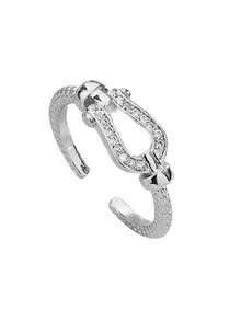 1 pieza Anillo de piedra de circonia de cobre elegante y de moda, diseño de nudo de bloqueo, anillo abierto minimalista unisex