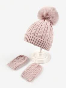 2pcs Baby Soft Yarn Ball Hat With Gloves Set, Warm And Suitable For Indoor/Outdoor Use In All Seasons, Cute And Sweet Style, 1 Hat And 1 Pair Of Gloves - Pink - View 7