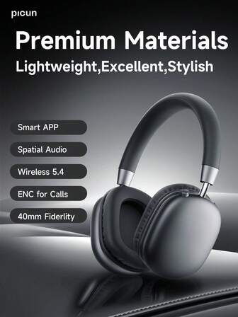  Picun B6 头戴式无线耳机，无线 5.4 和有线，ENC 通话降噪，50 小时播放时间，0.038 秒低延迟，40 毫米 Hi-Fi 驱动器，可通过应用程序调节音效，双连接，轻巧可调节，适用于游戏、旅行、办公室
