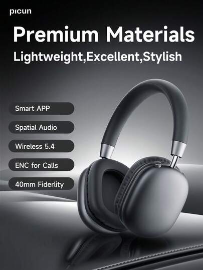 Picun Picun B6 Over-Ear Wireless Headphones, Wireless 5.4 & Wired, ENC Call Noise Cancelling, 50H Playtime, 0.038s Low Latency, 40mm Hi-Fi Drivers, App-Adjustable Sound, Dual Connection, Lightweight Adjustable For Gaming Travel Office