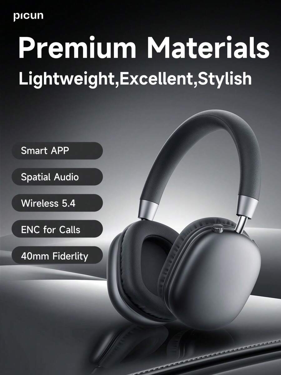 Picun B6 Over-Ear Wireless Headphones, Wireless 5.4 & Wired, ENC Call Noise Cancelling, 50H Playtime, 0.038s Low Latency, 40mm Hi-Fi Drivers, App-Adjustable Sound, Dual Connection, Lightweight Adjustable For Gaming Travel Office