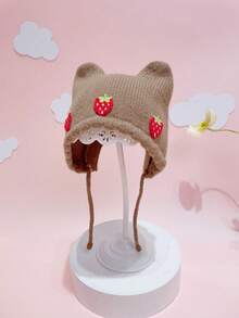 1pc Strawberry Knitted Ear Ion Hat For Toddlers, Infant Beanie, Warm Knitted Hat