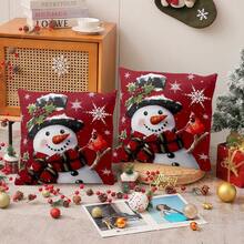 2pcs Christmas Snowman Pillow Covers, Cute Snowman, Redbird And Snowflake Design, Farmhouse Style Polyester Fabric Zippered Pillow Sham, Christmas & Winter Home Decor, Suitable For Party, Home Sofa Bed Chair, Farmhouse Outdoor Patio Decoration, Machine Washable, Zipper Closure, Pillow Insert Not Included