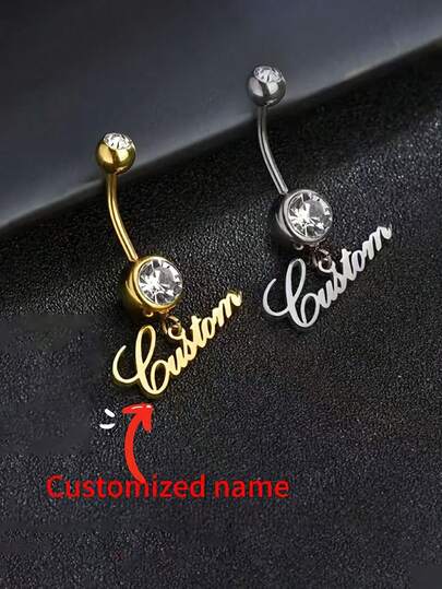 1pc Customizable Gold & Silver Navel Ring With Sparkling Gems - Personalized Name, Elegant Design, Suitable For Housewarming, College, Holiday, Wedding, Daily Wear, Graduation Gift, Birthday Gift, Valentine's Day Gift, Mother's Day Gift, Christmas Gift, Halloween Gift, Gift, Fashionable & Cute Personalized Navel Piercing Jewelry, Perfect Birthday Gift, House Party, Belly Button Jewelry, Party Accessories, Luxury Surface Treatment