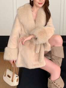 Women's Solid Color Long Sleeve Faux Fur Collar Tie Waist Christmas Jacket - Apricot - View 9