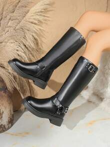 Botas vaqueras de suela gruesa para mujer, botas altas hasta la rodilla con caña en ángulo, tacón grueso