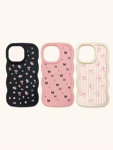 Black White Pink Bowknot Fashion Phone Cases 3pcs Dopamine Themed Wavy Edge Bowknot Pattern Phone Cases Compatible With IPhone & Galaxy Phones Spring Gift - Multicolor - View 36
