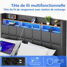 Upholstered Bed 140x190 Cm With 4 Drawers, With LED & USB, Storage Bed With Storage, 2 Person Bed, Metal Frame, Faux Leather, Grey - 查看 3