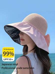 Women's Outdoor Sports Hiking Hat, Summer Large Brim Black Waterproof Bowknot Sun Hat With Face Cover, Foldable Sun Protection Hat