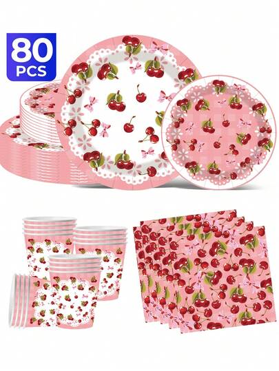Conjunto Descartável de Talheres com Tema de Cereja, 100 Peças, Incluindo Pratos de Papel de 7 Polegadas, Pratos de Papel de 9 Polegadas, Copos de 9 Onças, Guardanapos, Adequado para Reuniões Diárias, Festas de Aniversário, Chás de Panela, Chás de Bebê, Clubes, Casamentos, Festas de Chá, Piqueniques, Passeios ao Ar Livre e Festas Temáticas.