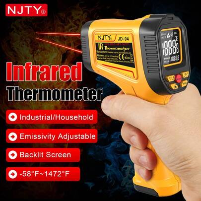 NJTY 1 Stück Digitales Infrarot-Thermometer-Pistole -50°C bis 800°C Handgehalten Kontaktlos Laser Temperaturpistole mit einstellbarer Emissivität & Max und Min Messung, Dual Laser Zielerfassung Temp Pistole für Kochen, Pizzaofen, Grillplatte