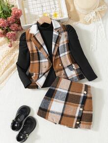 3 件女士优雅秋冬套装：格子背心外套 + 黑色纹理高领上衣 + 格子迷你裙，时尚、优雅，适合休闲和日常穿着 - 黑色 - 查看 2
