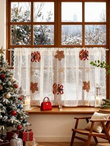 1 pieza Cortina de puerta semi-transparente con bordado de campana de Navidad y ojal para barra - Arte tejido vintage, para todo el año, fácil de colgar y lavable a máquina