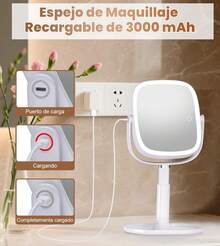 XXZU Espejo con luz para Maquillaje,Espejo de Doble Cara Recargable de mAh,Espejos de tocador con Soporte para Celular,Aumento de 1X/10X,Giratorio de 360 ° ,3 ajustes de Color, Brillo Ajustable GRU3 - 1 - Ver 6
