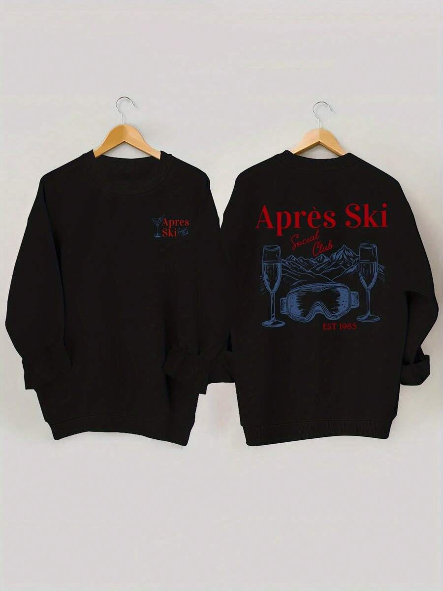 Autumn Winter Season Sweatshirt With Letter Code Fashion Front And Back Print Sports Shirt, Spring Autumn Round Neck Casual Sports Shirt, Women's Clothing, Women's Clothing With Code Winter Clothes For Women, Christmas Gifts - 黑色 - 查看 1