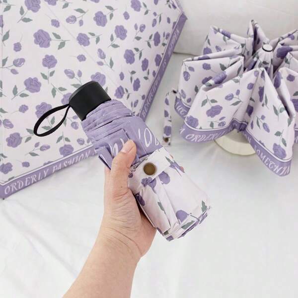 1pc 6-Rib Foldable Umbrella, UV Protection Sun Umbrella, Compact Lightweight Windproof Umbrella, Suitable For Spring, Summer, Autumn And Winter, Convenient For Outdoor Use, Elegant Design For Women And Men