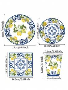 10pcs Lemon Party Paper Plate, Lemon Theme Party Decor, Spring Summer 7/9 Inch Blue Tile Yellow Lemon Dessert Plate, Disposable Tableware Set, Suitable For Picnic, Outdoor Party, Birthday Party - Multicolor - View 2
