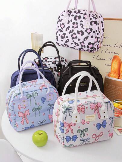 1Pc Large Capacity Bow Lunch Box Solid Color Portable Insulated Lunch Bag Leopard Print Couples Lunchbox Cooler Thermal Leakproof Quilted Reusable