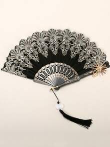 1pc Elegant Vintage Spanish Lace Fan Luxurious European Rose Folding Fan For Cosplay Performance Decoration Valentine's Day - Black - View 5