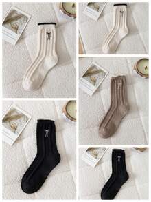 1/2/3/5 双装女士中筒袜，适合秋冬季节，可爱蝴蝶结图案，保暖舒适，可搭配靴子，厚羊毛袜，舒适袜