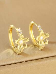 1pair Fashionable Copper & Rhinestone Inlaid Starfish & Small Flower Ear Studs/Hoop Earrings, Perfect For Dating Gifts Valentines - Round - View 8