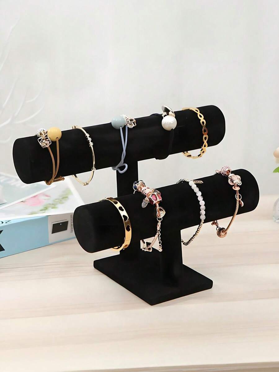 双层手镯架，手镯展示架，黑色天鹅绒首饰收纳盒，适用于项链、弹力手表、发带等，天鹅绒首饰手镯手表发带展示架，头带立塔式手镯发带T型架收纳盒，女士家居衣橱收纳架，首饰展示架，天鹅绒首饰架发带手镯手镯展示架，首饰配件收纳架