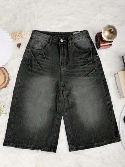 Dollsgirl Y2K 女士夏季牛仔短裤，前扣多口袋宽松休闲日常穿着，做旧街头百慕大七分牛仔裤