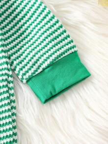 1pc Baby Christmas Tree Embroidery Green & White Striped Jumpsuit, Long Sleeve, Soft & Comfortable - Green - View 5