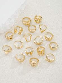 Juego de 17 piezas de anillos de mujer con diseño geométrico de líneas y bolas en estilo retro y punk exagerado, anillos apilables de moda - Amarillo Oro - Ver 6