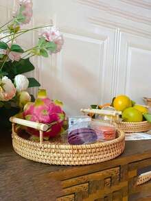 1 Bandeja de servir de ratán tejida a mano, bandeja de té de doble asa, plato de frutas, cesta de pan y aperitivos, bandeja redonda tejida a mano, cesta de aperitivos, cesta de almacenamiento, suministros para fiestas y festivales de gran tamaño. - Caqui - Ver 9