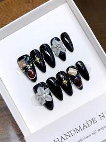 10 piezas de uñas postizas hechas a mano, de forma de almendra, con diseños pintados a mano en estilo europeo y americano, para aplicar