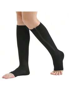 女士户外运动露趾压缩袜 - 20-30mmHg 大腿高筒支撑袜，侧拉链过膝袜，露趾设计，舒适透气 - 彩色 - 查看 3