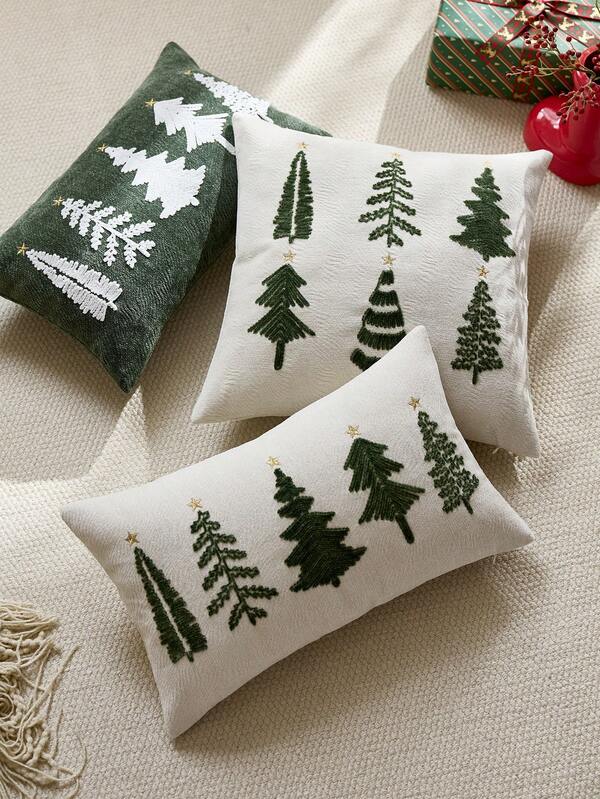 1 capa de almofada bordada em formato de árvore de Natal bege, adequada para decoração de interiores, capa de almofada decorativa de Natal, enchimento de almofada não incluído