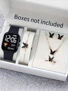 6/1pc Cute And Stylish LED Heart-Shaped Digital Display Electronic Watch, Suitable For Girls To Wear, Equipped With Butterfly Jewelry Bracelet, Pendant Necklace, Ring And A Pair Of Earrings, Suitable For Students, Very Suitable For Daily Life Such As School, Parties And Travel. Birthday Gifts, Graduation Season, Valentine's Day, Christmas, Perfect Gifts For Girls