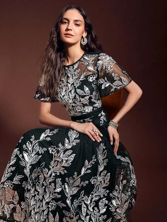 Simplee Women's Autumn/Winter New Mesh Sequin Embroidered Long Elegant Evening Gown Dress, Suitable For Christmas, Party, New Year, Wedding Guest Wear