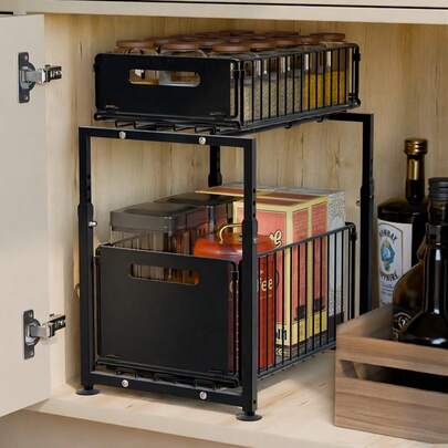 2-Tier Pull Out Storage Rack For Kitchen Cabinet Organiser Easy Access Organization Under Sink Shelving Storage