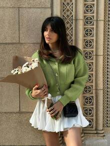 HoloChill 女士休闲风连帽撞色纽扣口袋抽绳开衫，夏季休闲新品嘉年华 - 綠色 - 查看 2