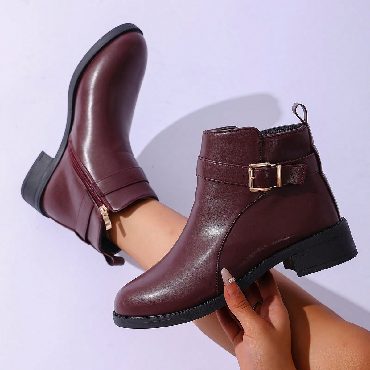 Botas de tobillo con hebilla de mujer, de moda y versátiles, con parches, hebilla de metal, cremallera, unicolor, punta redonda, tacón grueso, para