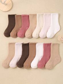 12/6 Pairs Baby/Kids Crew Socks, Toddler Girls Solid Color Thermal Socks, Casual Warm Socks For Daily Wear, Gift, Black White Khaki Brown, Autumn Winter