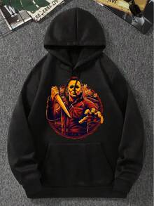 "Horror Stance" Horror Character Graphic Hoodie, Black Horror Character & Knife Print Sweatshirt, Edgy Casual Streetwear - 黑色 - 查看 2