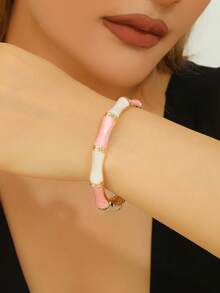 1pc Fashionable New Gilded Enamel Mixed Color Bamboo Knot Bracelet, Suitable For Women And Girls - Pink - View 2