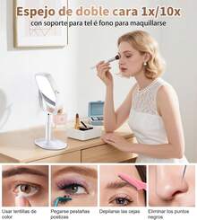 XXZU Espejo con luz para Maquillaje,Espejo de Doble Cara Recargable de mAh,Espejos de tocador con Soporte para Celular,Aumento de 1X/10X,Giratorio de 360 ° ,3 ajustes de Color, Brillo Ajustable GRU3 - 1 - Ver 5